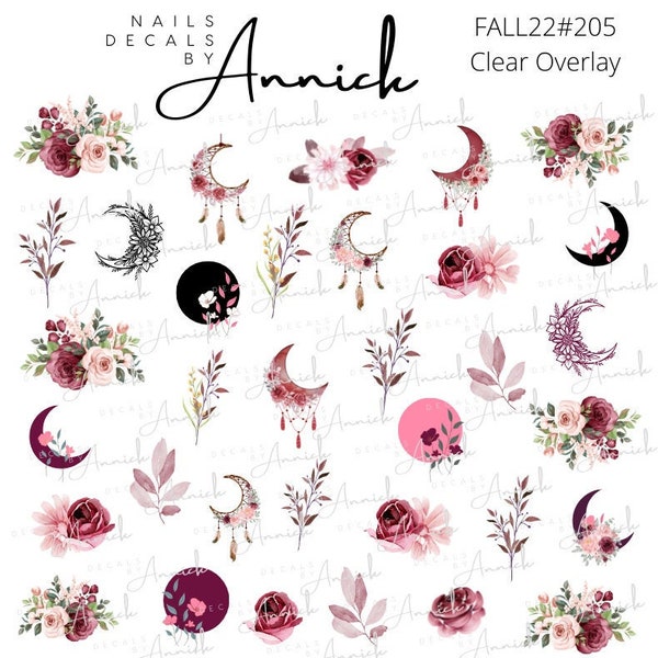 Water transfer decal for nails AUTUMN MOON / Waterslide decals for nails Burgundy Fall Moon