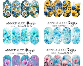 Blue Floral Nail Decals for Gel Nails, Press On Nail Stickers, Water Transfer Nail Art, Spring Nails, Nail Accessories