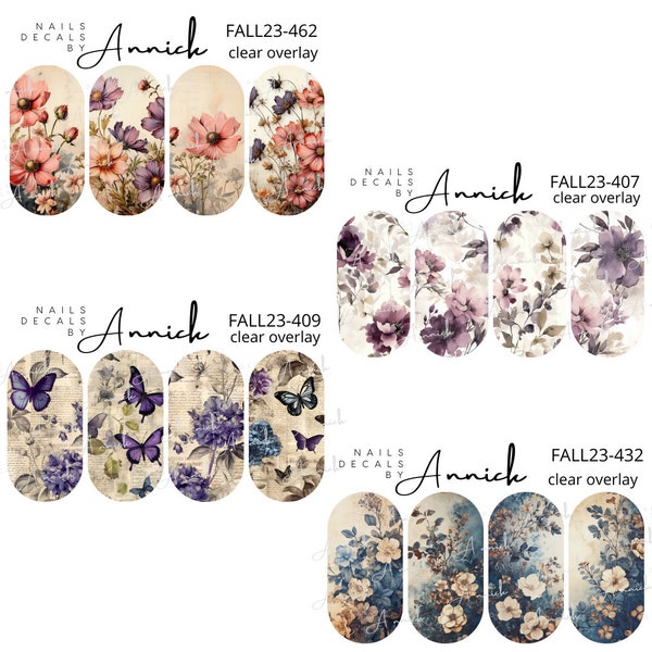 Water transfer decals for nails of AUTUMN VINTAGE FLOWER /Waterslide decals for nails Fall Vintage flowers, nailart, nail lover