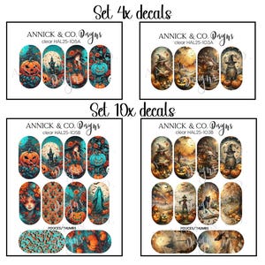 Peut inclure: Une collection de décalcomanies pour ongles sur le thème d'Halloween par Annick & Co. Designs, comprenant des ensembles de 4 et 10 décalcomanies transparentes. Les motifs incluent des citrouilles, sorcières, maisons hantées et paysages sombres.