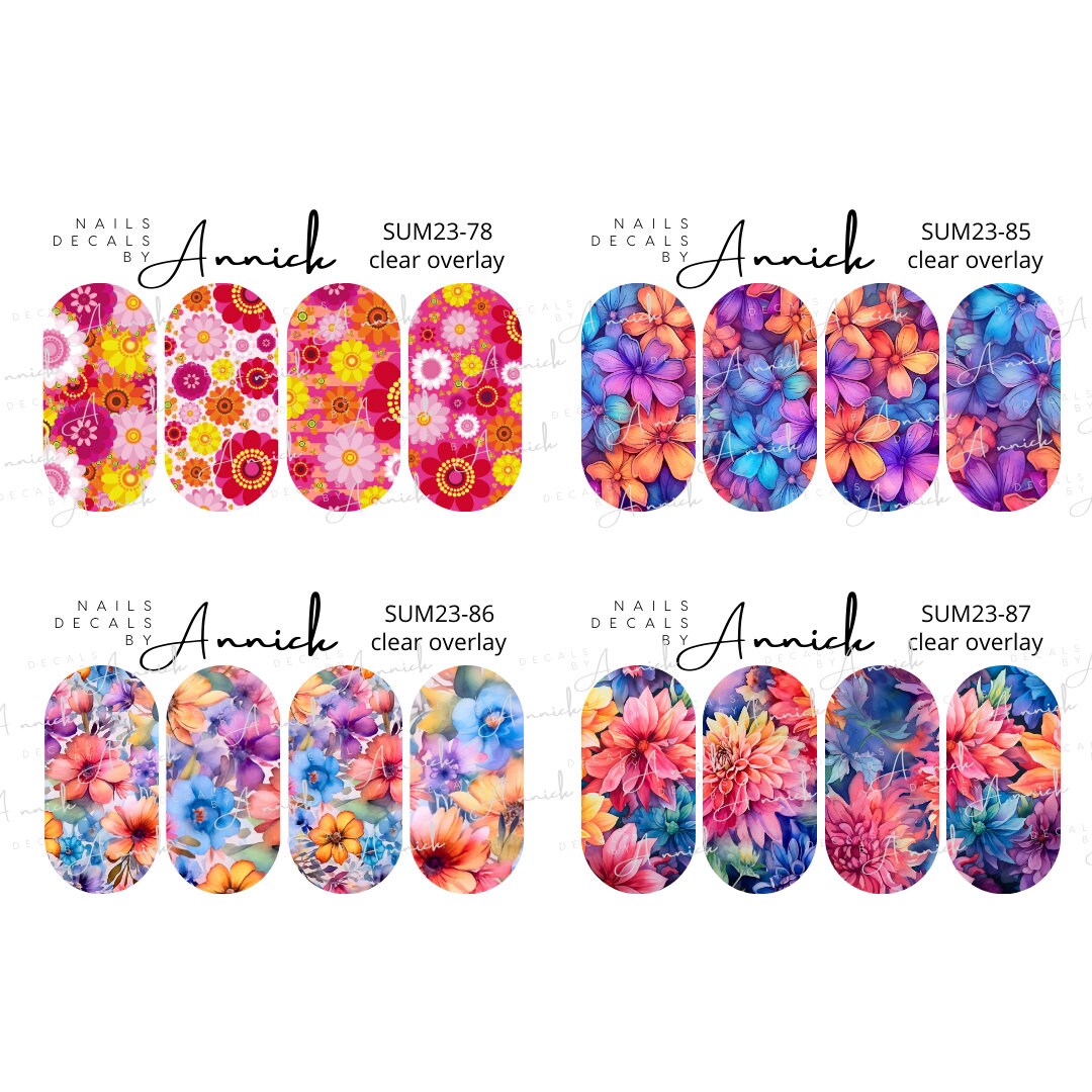 Water Transfer Decals, SUMMER Nail Stickers, FLOWERS Fluorescent
