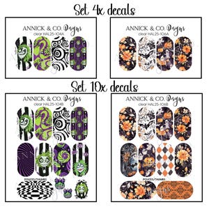 Peut inclure: Une collection de décalcomanies pour ongles Annick & Co. Designs sur le thème d'Halloween. L'ensemble comprend des motifs avec des personnages aux cheveux verts, des spirales violettes, des citrouilles orange, des chauves-souris et des rayures.
