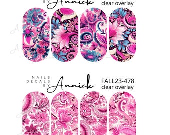 Water transfer decals for nails BANDANA ROSE /Waterslide decals for nails Pink PAISLEY, nailsl lover, nailart, sticker, nail deco