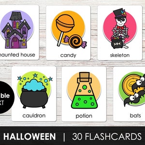 Flashcards imprimíveis de Halloween para crianças, cartões de vocabulário de Halloween, flashcards de texto editáveis para QUALQUER idioma, download instantâneo