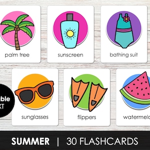 Sommer Vokabelkarten für Kinder, Sommer Vokabelkarten, bearbeitbare Text Karteikarten für jede Sprache, Sofort Download
