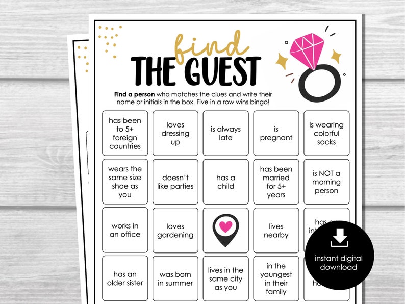 Engagement Party Game, Wedding Bingo Game, Find the Guest, Icebreaker