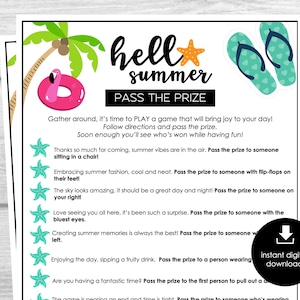 Geef de prijs door, zomerfeestspel, afdrukbaar spel links rechts, leuk cadeau-uitwisselingsspel, poolparty-activiteit, barbecuegroepsspel, zomerevenement