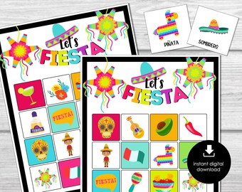 May include: Two printable bingo cards with a colorful "Let's Fiesta!" banner at the top. The cards feature images of a sombrero, a pinata, a skull, a maraca, a guitar, an avocado, a chili pepper, a Mexican flag, and a fiesta speech bubble.