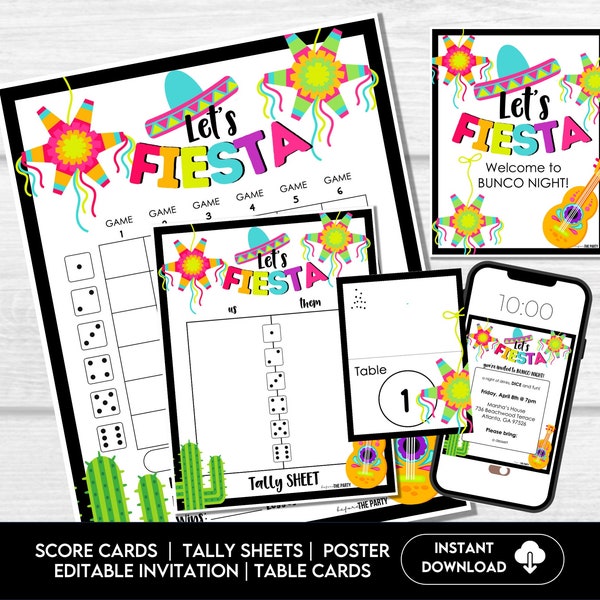 Fiesta Printable Bunco Score Cards, Bunco Score Sheets, Bunco Fiesta Party, Bunco Game Printable Score Sheets, Cinco de Mayo, Mexican Bunco