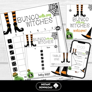Halloween Bunco Party Bundle Printable, Witches Theme Score Cards, Instant Download