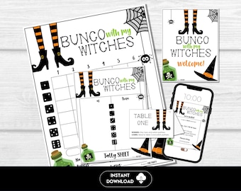 Halloween Bunco Party Bundle Printable, Witches Theme Score Cards, Instant Download