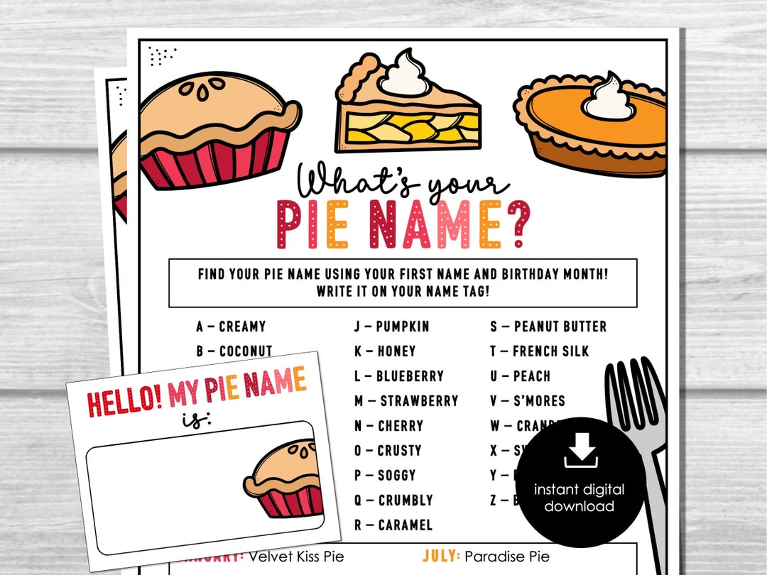 What's Your Pie Name With Name Tags & Sign, Icebreaker, Pie Contest