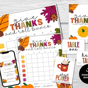 May include: Thanksgiving-themed digital printables with the text "Give Thanks and Roll Bunco." The set includes a game board, table cards, and a phone screen displaying an invitation. The design features fall leaves, acorns, and pumpkins.