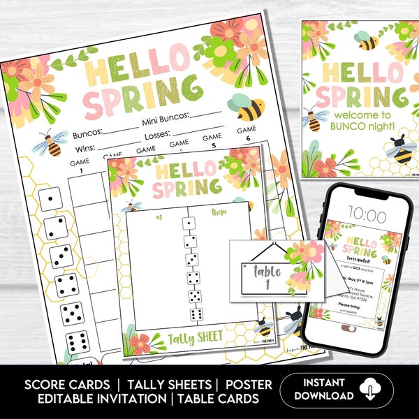 Hello Spring Bunco Score Cards, April Bunco Score Sheets, Spring Bunco Invitation, Floral Bunco Party Kit, Spring Floral Bunco Night, Bunko