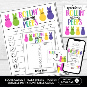 Könnte beinhalten: Druckbarer Spielesatz für eine "Rollin' with my Peeps"-Party. Enthält Punktetafeln, Zählblätter, ein Plakat, Tischkarten und eine bearbeitbare Einladung. Das Design zeigt bunte Cartoon-Peeps mit Brillen.