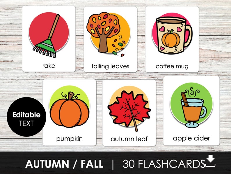 Autumn Printable Flashcards for Kids Fall Vocabulary Cards Editable Autumn Printable Flashcards for Kids Fall Vocabulary Cards Editable