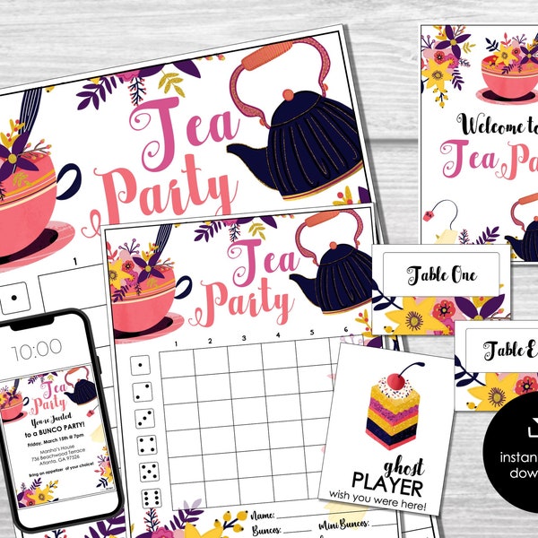 Tea Party Bunco Score Sheets, High Tea Party Bunco, Bunco Score Cards, Bunco Table Cards, Fun Bunco Party Theme with Tally Cards, Invitation