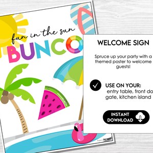 Fun in the Sun Bunco welcome sign printable for decorating an entry table, front door, kitchen island, or summer party area.