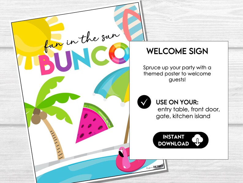 Fun in the Sun Bunco welcome sign printable for decorating an entry table, front door, kitchen island, or summer party area.