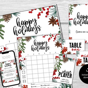 Happy Holidays Bunco Scorebladen, Kerst December Bunco Spel, Januari Bunco Party Kit, Winter Bunco met Tafelkaarten, Uitnodiging, Tally