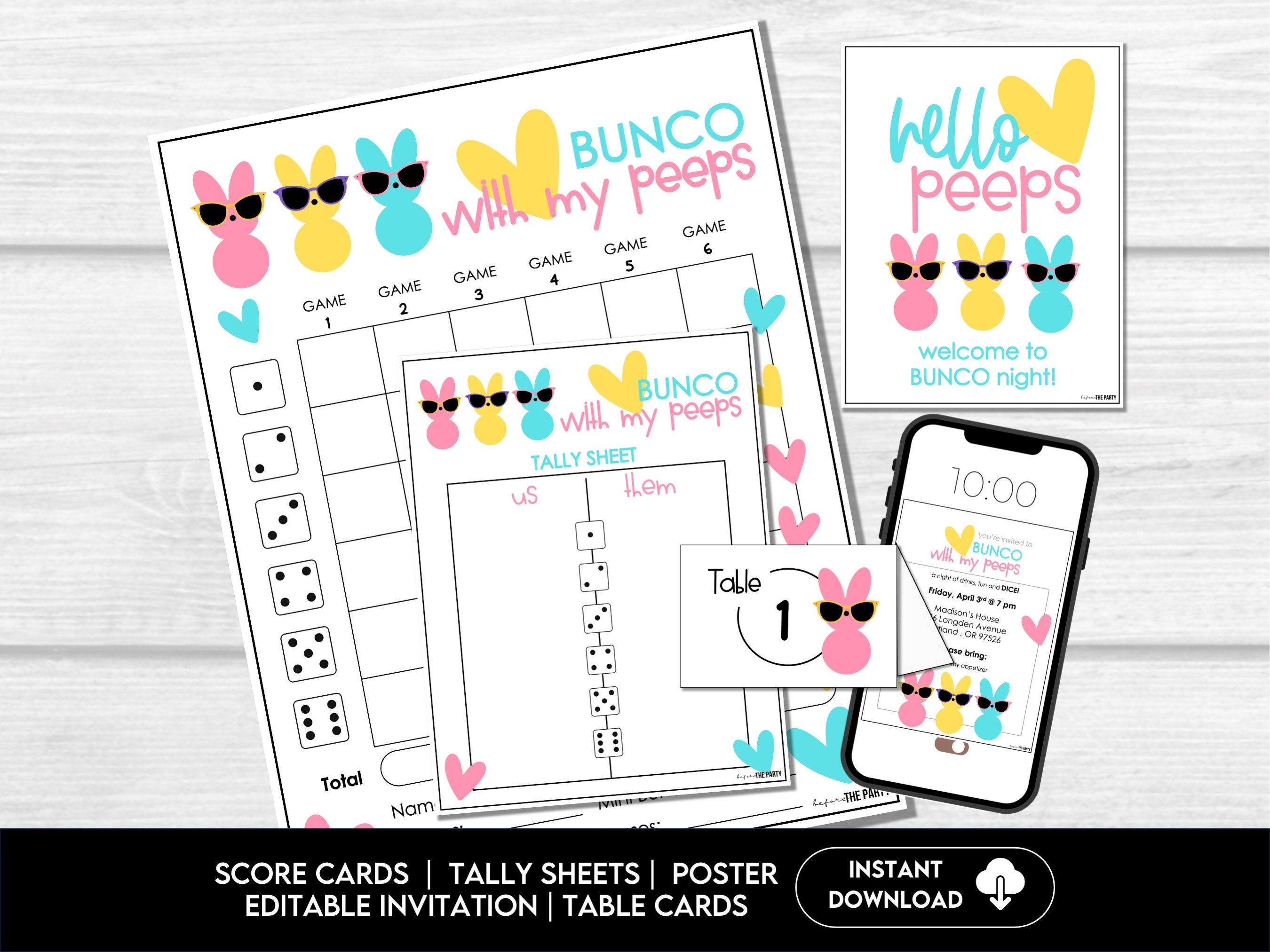 Peeps Bunco Score Sheet Bundle, Easter Bunco Printables, Bunco Table ...