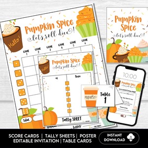 Pumpkin Spice Bunco-scorekaarten, herfst Bunco-scorebladen, herfst Bunco-uitnodiging, pompoenthema Bunco-feestpakket, Bunco Night afdrukbaar