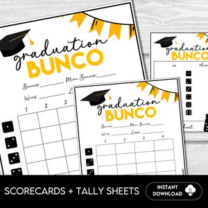 May include: Two printable scorecards for a graduation bunco game. The scorecards are black and white with yellow accents. The scorecards have spaces to record the number of buncos, mini buncos, and wins.
