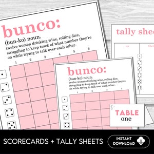 Cartes de pointage drôles de définition de Bunco pour la nuit de Bunco, comprend des feuilles de pointage et des numéros de table, des imprimables à téléchargement immédiat sur le thème de Bunco amusant
