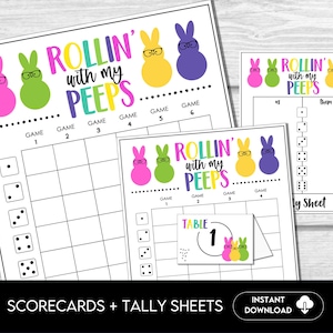 May include: Printable scorecards and tally sheets for a game called "Rollin' with my Peeps". The game features colorful, cartoon-style peeps with glasses. The scorecards have a grid for recording scores and the tally sheets have a space for recording the number of rolls.