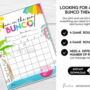 Summer Bunco Score Cards, Beach Party Bunco Invitation, July Summer Bunco Night, Bunco Game Party Printable, June Bunco Night, BUNKO