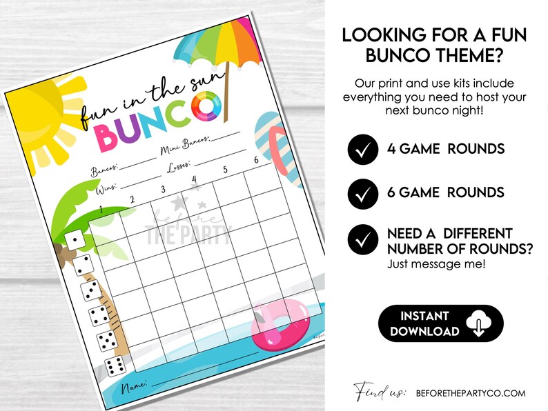 Summer Bunco Score Cards, Beach Party Bunco Invitation, July Summer Bunco Night, Bunco Game Party Printable, June Bunco Night, BUNKO