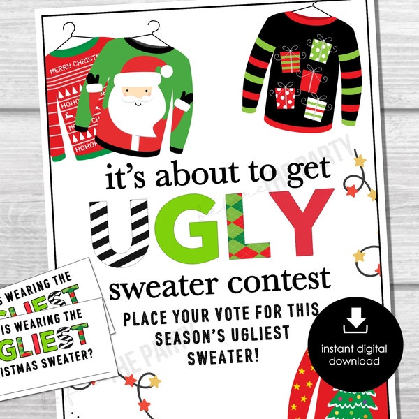 Ugly Sweater Voting Ballots, Ugliest Sweater Vote Cards, Fun Christmas Ugly Sweater Party Printables, Office Party, Certificate and Ballot