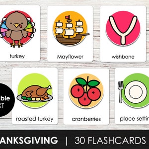 Flashcards imprimíveis de Ação de Graças para crianças, cartões de vocabulário de Ação de Graças, Flashcards de texto editáveis para QUALQUER idioma, download instantâneo