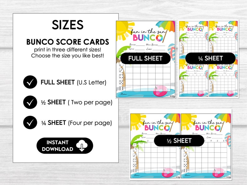 Summer Bunco Score Cards, Beach Party Bunco Invitation, July Summer Bunco Night, Bunco Game Party Printable, June Bunco Night, BUNKO