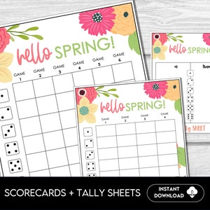 Printable Spring Bunco Score Sheet Bundle, Hello Spring Flowers, April Bunco Night, Bunco Tally Sheet, includes 4 and 6 game rounds