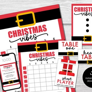 Kerst afdrukbare Bunco Set, Bunco Tally Sheets, Bunco Score Sheets met tafelkaarten en bewerkbare uitnodiging, Holiday Party Game, Santa