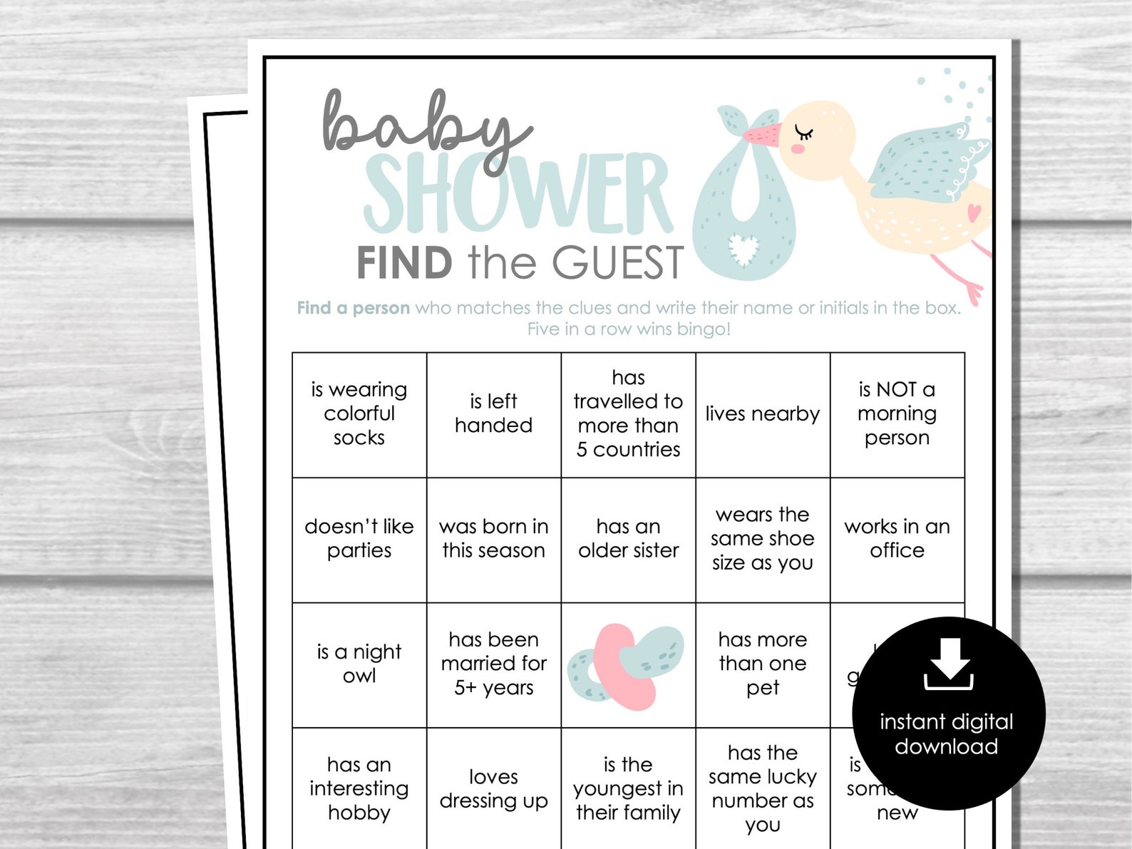 Baby Shower Party Game, Baby Find the Guest Bingo Game, Icebreakers