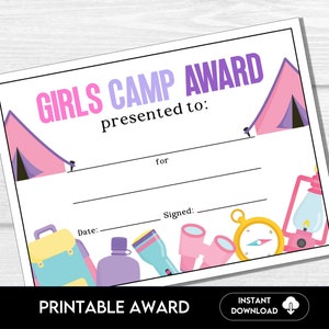 Girls Camp Award Certificate: Printable Summer Camp Participation (PDF)