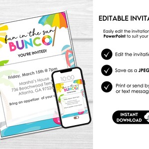 Editable Summer Bunco invitation template in PowerPoint that can be saved as a JPEG or PDF and sent by text, email, or printed.