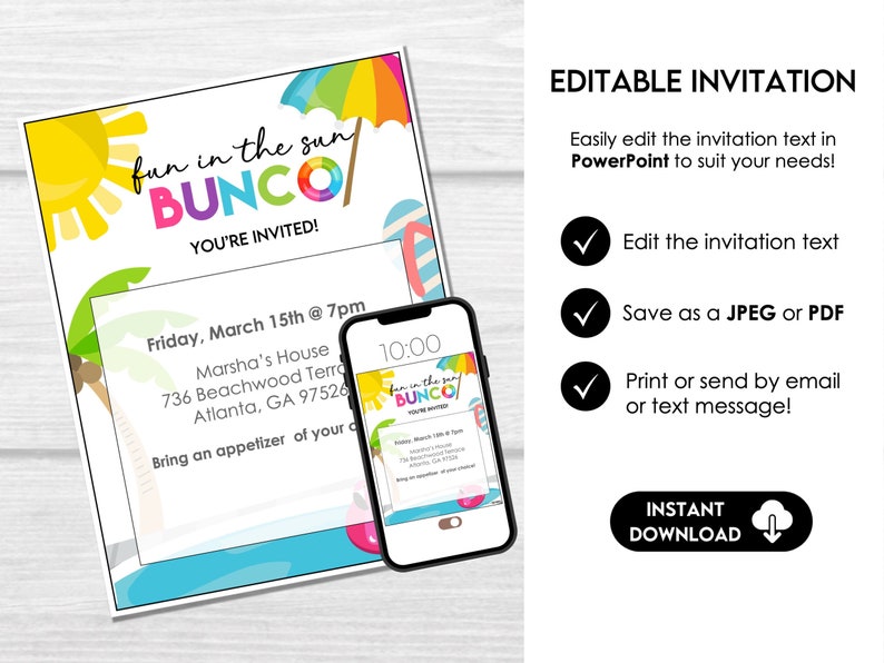 Editable Summer Bunco invitation template in PowerPoint that can be saved as a JPEG or PDF and sent by text, email, or printed.