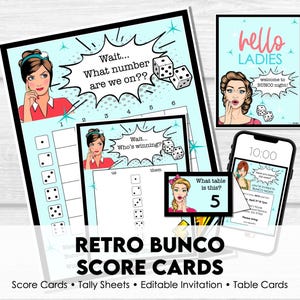 Puede incluir: Tarjetas de puntuación y mesa Retro Bunco con un diseño pop art vintage. El conjunto incluye tarjetas de puntuación, hojas de conteo y una invitación editable. Las tarjetas presentan ilustraciones de mujeres y dados.