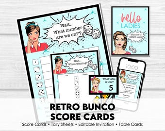 Può includere: Carte segnapunti e da tavolo Retro Bunco con un design pop art vintage. Il set include segnapunti, fogli di conteggio e un invito modificabile. Le carte presentano illustrazioni di donne e dadi.