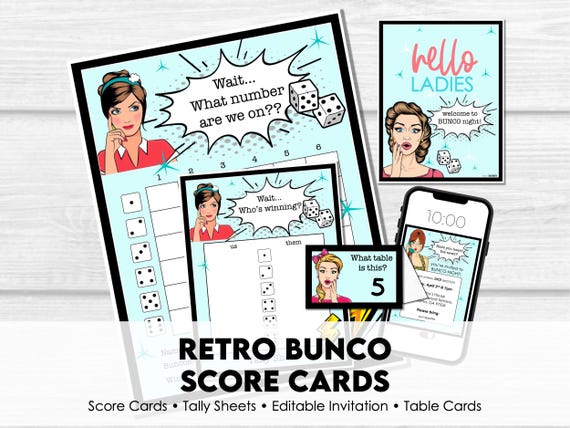Retro Bunco Score Sheets, What number are we on? Invitation, Tally Sheets, Vintage Bunco Table Markers, Ladies Night