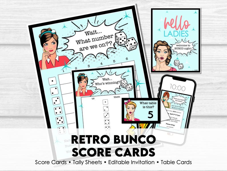 Puede incluir: Tarjetas de puntuaci&oacute;n y mesa Retro Bunco con un dise&ntilde;o pop art vintage. El conjunto incluye tarjetas de puntuaci&oacute;n, hojas de conteo y una invitaci&oacute;n editable. Las tarjetas presentan ilustraciones de mujeres y dados.
