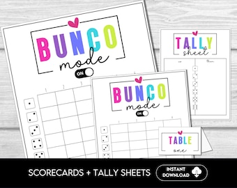 Pode incluir: Cartas de pontuação e folhas de contagem imprimíveis para o jogo Bunco. As cartas de pontuação são em preto e branco com uma grade para registrar as pontuações. As folhas de contagem são em preto e branco com uma coluna para cada jogador registrar suas pontuações. As cartas de pontuação e as folhas de contagem têm um tema Bunco colorido com as palavras "Bunco Mode On" em cores do arco-íris.