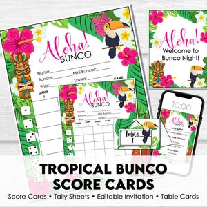 Puede incluir: Tarjetas de puntuación de Bunco tropicales con un tema hawaiano. El diseño incluye un tiki, tucanes y flores de hibisco. El conjunto incluye tarjetas de puntuación, hojas de recuento, una invitación y tarjetas de mesa. Las palabras "Aloha!" y "Bunco" se muestran de forma destacada.