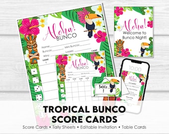 Tropical Summer Bunco Score Sheets Printable, Hawaiian Bunco Party Game, Beach Bunco Score Cards, Bunco Night Kit