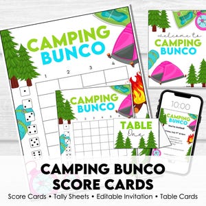 Camping Bunco Score Cards Printable, Summer Camp Bunco Party Kit, Editable Canva Invitation, Tally Sheets, Table Cards