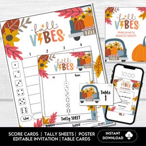 Cartes de pointage VIBES Bunco automne, feuilles de pointage Bunco automne, faire-part Bunco AUTOMNE, kit de fête Bunco sur le thème de la citrouille, nuit Bunco de septembre, BUNKO