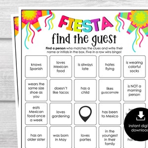 Fiesta Party Find the Guest Bingo, Find Someone Who Party Game, Printable Game, Fun Ice breaker Game for Cinco De Mayo Parties. Adults, Kids